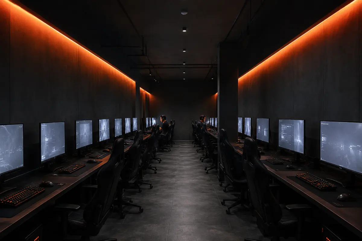 Fila de PCs con monitores a 240Hz en el andén competitivo